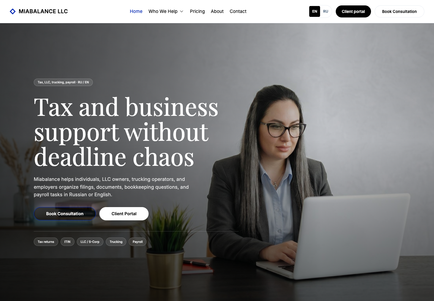 Miabalance LLC website hero